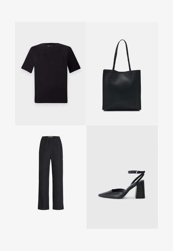 Black short-sleeve t-shirt with a round neckline, crafted from soft cotton fabric. Simple design, no visible logos or patterns.; Black wide-leg pants with an elastic waistband, made from a soft fabric, featuring a smooth texture and a loose fit throughout the legs.; Black leather pointy-toe pump with an ankle strap and a chunky heel. Flat texture, sleek design, and minimalistic aesthetics.; Black leather tote bag with smooth texture, rectangular shape, and two long handles. No visible hardware or embellishments.
