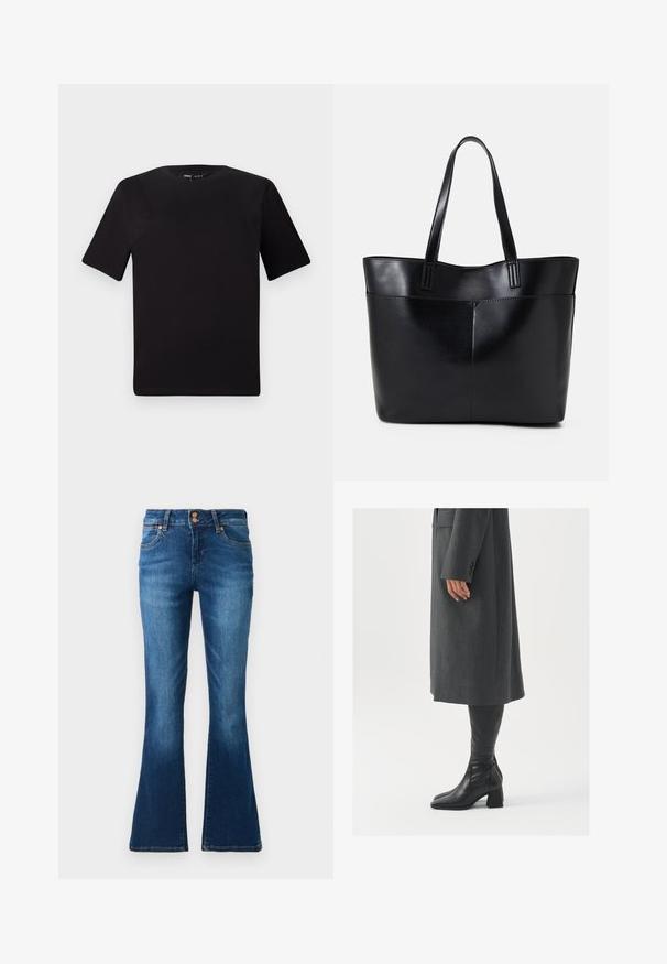 Czarna koszulka z krótkim rękawem o okrągłym dekolcie, wykonana z miękkiej bawełny. Prosty design, bez widocznych logo ani wzorów.; Jeans z wysokim stanem, niebieskie dżinsowe, lekko rozszerzające się na kostkach, z dwoma przednimi kieszeniami i miedzianymi zapięciami na guziki.; Szary, dopasowany płaszcz o prostym kroju; zestawiony z czarnymi skórzanymi kozakami do kolan z kwadratowym noskiem i grubym obcasem.; Czarna skórzana torba na ramię z dwoma długimi uchwytami, gładką teksturą i sztywną formą. Posiada przednią kieszeń dla dodatkowego przechowywania.