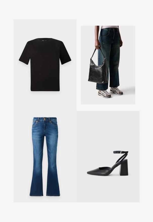 Tricou scurt negru cu mânecă scurtă și guler rotund, realizat dintr-un material de bumbac moale. Design simplu, fără logo-uri sau modele vizibile.; Blugi din denim albastru cu talie înaltă, având o ușoară deschidere la glezne, dotati cu două buzunare frontale și închidere cu butoane din cupru.; Pantofii cu toc ascuțit din piele neagră, cu breteaua pentru glezne și toc gros. Textură netedă, design elegant și estetică minimală.; Geantă de umăr din piele neagră, cu o textură netedă și curea ajustabilă, asortată cu blugi evazați și adidași.