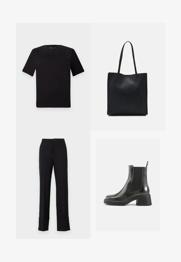 Tricou scurt negru cu mânecă scurtă și guler rotund, realizat dintr-un material de bumbac moale. Design simplu, fără logo-uri sau modele vizibile.; Pantaloni negri cu picior drept, cu închidere prin buton și tiv pliat, realizați dintr-un material neted cu un finisaj mat. Design ajustat.; Botine negre din piele cu un finisaj neted, panouri laterale elastice și un toc gros. Au un punct de sprijin pentru a fi mai ușor de încălțat.; Geantă tote neagră din piele, cu textură netedă, formă rectangulară și două mânere lungi. Fără hardware vizibil sau ornamente.