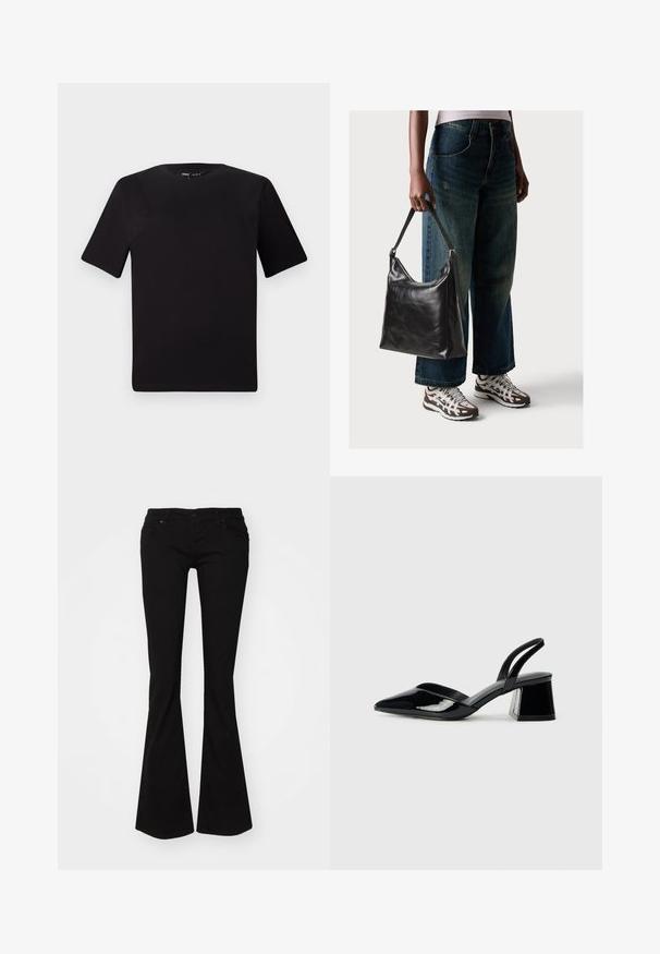 Black short-sleeve t-shirt with a round neckline, crafted from soft cotton fabric. Simple design, no visible logos or patterns.; Black flared jeans made of denim, featuring a zip fly, five pockets, and a fitted waist that extends to a flared hem at the ankles.; Black patent leather slingback heels with a pointed toe and a geometric block heel. Features a sleek, minimal design and smooth texture.; Black leather shoulder bag with a smooth texture and adjustable strap, paired with faded wide-leg jeans and athletic sneakers.