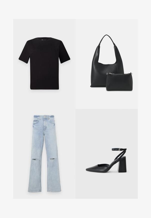 T-shirt preta de mangas curtas com decote redondo, feita de tecido de algodão suave. Design simples, sem logótipos ou padrões visíveis.; Jeans de perna larga azul claro com recortes desfiados nos joelhos, cintura alta e um design clássico de cinco bolsos. Feitos de tecido de denim com uma textura suave.; Sandal com biqueira afilada em couro preto, com cinta no tornozelo e salto grosso. Textura lisa, design elegante e estética minimalista.; Even&Odd SET - Mala de mão - black