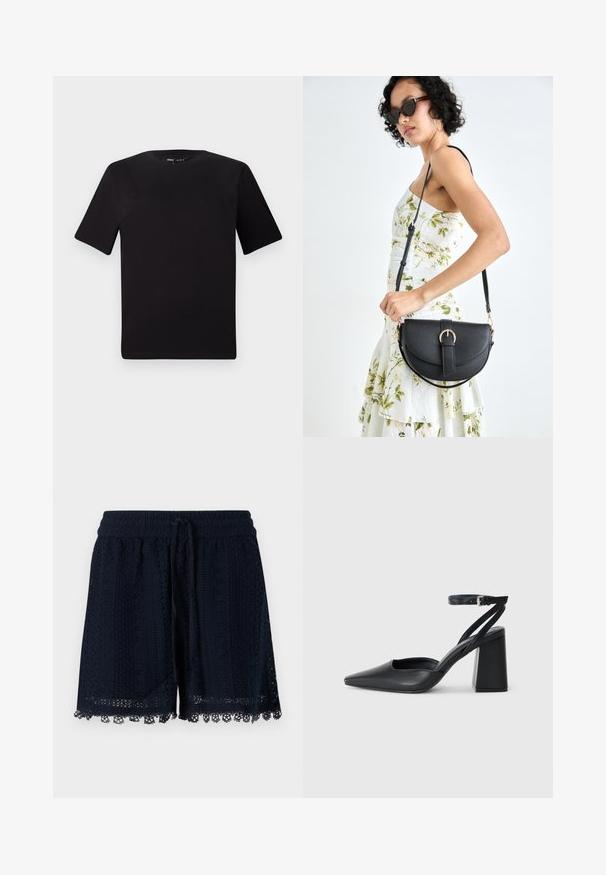 Sort kortærmet t-shirt med rund halsudskæring, lavet af blødt bomuldsstof. Enkel design, ingen synlige logoer eller mønstre.; Mørkeblå shorts lavet af hæklede stoffer med et struktureret mønster og blondekant i forneden. Elastisk taljebånd med snøre.; Sort læder spidse pumps med ankelrem og en chunky hæl. Flad tekstur, slankt design og minimalistisk æstetik.; Sort læderhåndtaske med en buet form, aftagelig rem og guldfinish. Tasken har en klap med en spænde detalje.