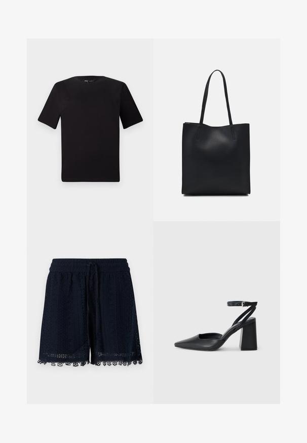 Black short-sleeve t-shirt with a round neckline, crafted from soft cotton fabric. Simple design, no visible logos or patterns.; Navy blue shorts made from crocheted fabric featuring a textured pattern and lace trim at the hem. Elastic waistband with drawstring.; Black leather pointy-toe pump with an ankle strap and a chunky heel. Flat texture, sleek design, and minimalistic aesthetics.; Black leather tote bag with smooth texture, rectangular shape, and two long handles. No visible hardware or embellishments.