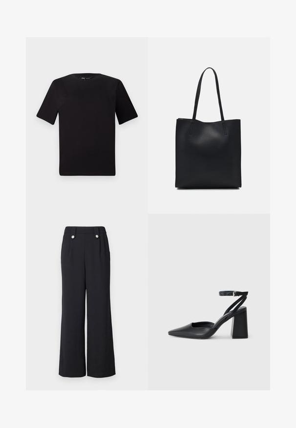 Black short-sleeve t-shirt with a round neckline, crafted from soft cotton fabric. Simple design, no visible logos or patterns.; Black wide-leg trousers with a high waistband, featuring front pockets and decorative silver buttons on the waist. Smooth fabric texture.; Black leather pointy-toe pump with an ankle strap and a chunky heel. Flat texture, sleek design, and minimalistic aesthetics.; Black leather tote bag with smooth texture, rectangular shape, and two long handles. No visible hardware or embellishments.