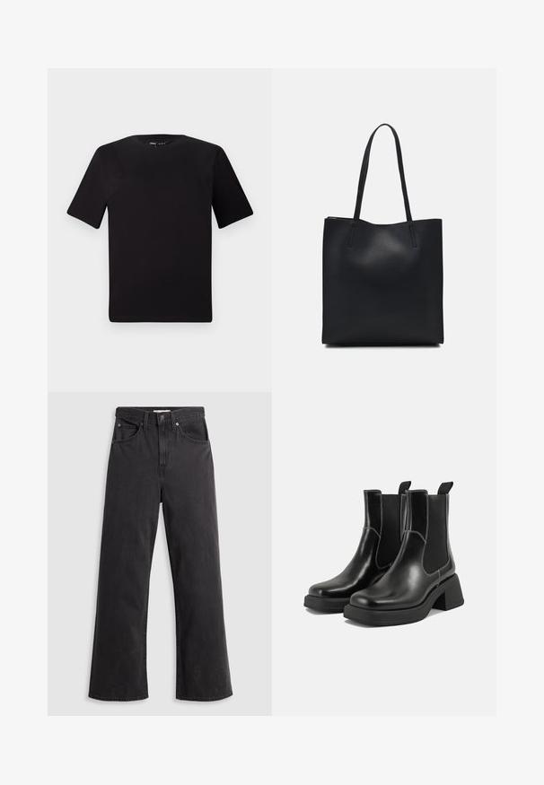 Melnas īsām piedurknēm T-krekls ar apaļu kakla izgriezumu, izgatavots no mīksta kokvilnas auduma. Vienkāršs dizains, bez redzamām logo vai rakstiem.; Melnas džinsu auduma bikses ar plašu kāju, augstu vidukli, piecām kabatām un metāla pogu aizdari. Audumam ir gluda, nedaudz izbalējusi tekstūra.; Melni ādas Čelsijas zābaki ar masīvu papēdi, elastīgām sānu panelēm un kontrastējošu balto šuvumu. Teksturēts apdare.; Melnas ādas somiņa ar gludu tekstūru, taisnstūra formu un divām garām rokturiem. Nav redzamu aparatūras vai rotājumu.