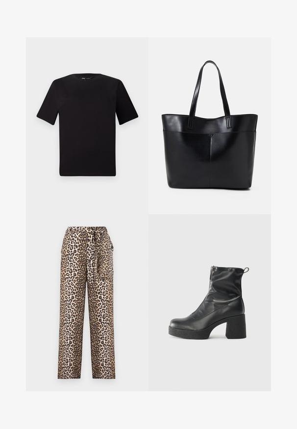 T-shirt preta de mangas curtas com decote redondo, feita de tecido de algodão suave. Design simples, sem logótipos ou padrões visíveis.; Calças largas em padrão de leopardo, feitas de um tecido suave, com detalhe de cintura amarrada e textura lisa. A palete de cores inclui bege e preto.; Botas de tornozelo pretas feitas de couro liso, com fecho lateral, salto grosso texturizado e design de bico arredondado.; Bolsa tote preta em couro com duas alças longas, textura suave e forma estruturada. Apresenta um bolso frontal para armazenamento adicional.