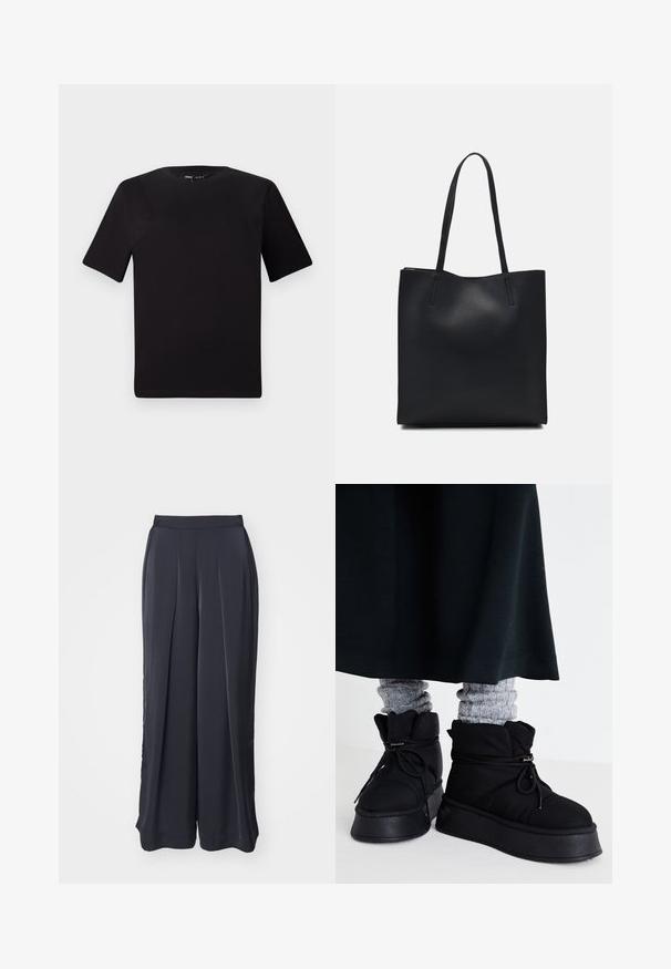 Fekete, rövid ujjú póló, kerek nyakkal, puha pamutból készült. Egyszerű dizájn, nincs látható logó vagy minta.; Fekete, bőszárú nadrág, elöl redőkkel, sima anyagból készült. Rugalmas derékpánttal és letisztult szegéllyel rendelkezik.; Fekete puffos boka csizmák lapos talppal, fűzőkkel és hangsúlyos varrással. Szürke bordázott zoknikkal párosítva, sötét szoknyával viselve.; Fekete bőrtáska sima felszínnel, téglalap alakú, két hosszú füllel. Nincs látható fémkiegészítő vagy díszítés.