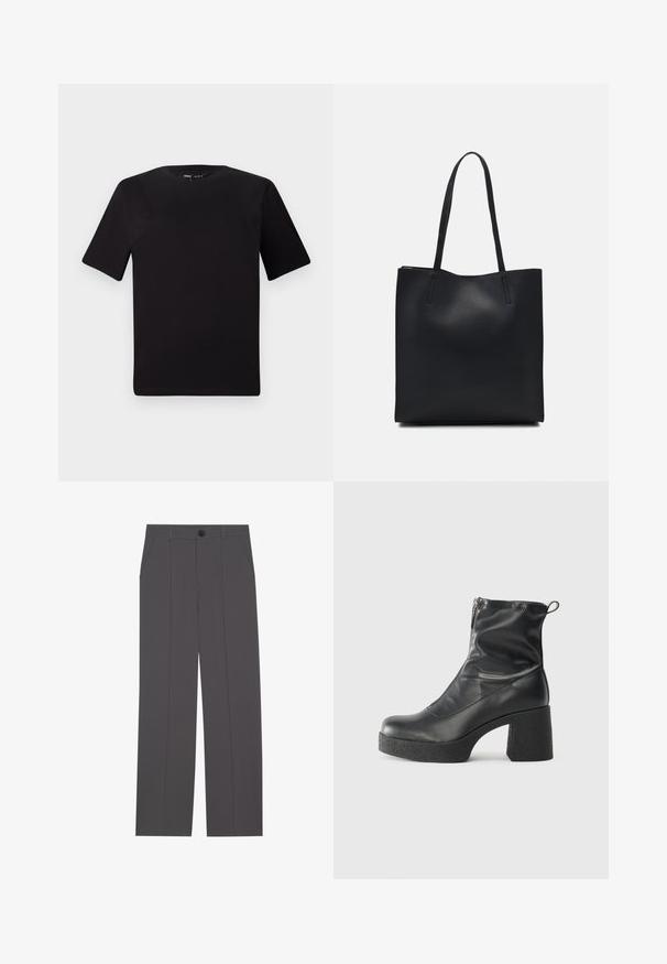 T-shirt nera a maniche corte con scollatura rotonda, realizzata in morbido cotone. Design semplice, senza loghi o motivi visibili.; Pantaloni grigi con un design a gamba dritta, dotati di due tasche laterali e chiusura con bottone. Tessuto liscio senza motivi o accenti visibili.; Stivali neri alla caviglia in pelle liscia, con zip laterale, tacco spesso e texture, e punta arrotondata.; Borsa tote in pelle nera con texture liscia, forma rettangolare e due manici lunghi. Nessun hardware o decorazione visibile.
