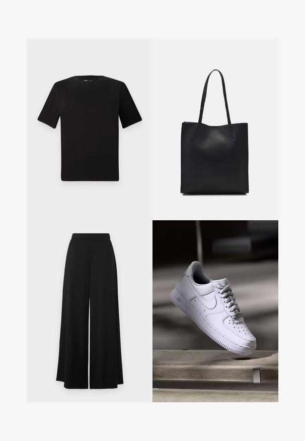 Black short-sleeve t-shirt with a round neckline, crafted from soft cotton fabric. Simple design, no visible logos or patterns.; Black wide-leg pants with a flat waistband. Made of a smooth, lightweight fabric, featuring a flowing silhouette. No pockets or embellishments.; Nike Sportswear AIR FORCE 1 07 - Trainers - white; Black leather tote bag with smooth texture, rectangular shape, and two long handles. No visible hardware or embellishments.