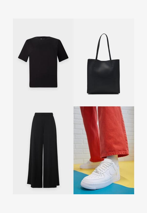 Black short-sleeve t-shirt with a round neckline, crafted from soft cotton fabric. Simple design, no visible logos or patterns.; Black wide-leg pants with a flat waistband. Made of a smooth, lightweight fabric, featuring a flowing silhouette. No pockets or embellishments.; White leather sneaker with perforated toe box, textured sole, and white laces, paired with wide red pants and a blue and yellow background.; Black leather tote bag with smooth texture, rectangular shape, and two long handles. No visible hardware or embellishments.