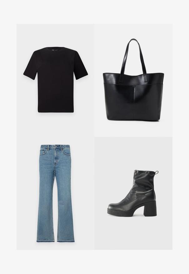 T-shirt nera a maniche corte con scollatura rotonda, realizzata in morbido cotone. Design semplice, senza loghi o motivi visibili.; Jeans flare in denim azzurro chiaro con vita alta, design a cinque tasche, lieve scoloritura e dettagli cuciti lungo le cuciture.; Stivali neri alla caviglia in pelle liscia, con zip laterale, tacco spesso e texture, e punta arrotondata.; Borsa a tracolla in pelle nera con due manici lunghi, una texture liscia e una forma strutturata. Presenta una tasca frontale per ulteriore spazio di archiviazione.