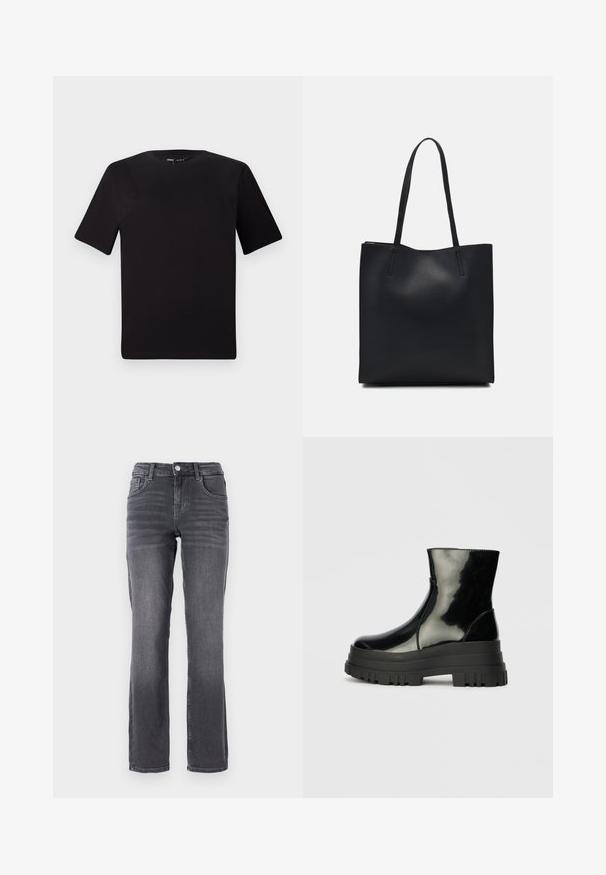 Black short-sleeve t-shirt with a round neckline, crafted from soft cotton fabric. Simple design, no visible logos or patterns.; ONLY ONLLOPEZ - Straight leg jeans - grey denim; Black glossy ankle boot with thick lug sole and rounded toe, side view on plain light gray background.; Black leather tote bag with smooth texture, rectangular shape, and two long handles. No visible hardware or embellishments.