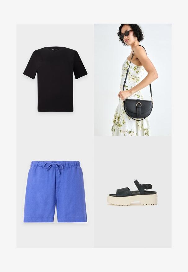 Zwarte T-shirt met korte mouwen en een ronde hals, gemaakt van zachte katoenstof. Eenvoudig ontwerp, geen zichtbare logo's of patronen.; Lichtgewicht blauwe shorts, voorzien van een elastische tailleband met een trekkoord en een enkele voorkant zak.; Zwarte suède platform sandaal met een chunky witte zool, brede voorband en verstelbare enkelgesp. Geprofileerde zool voor grip.; Zwarte leren handtas met een gebogen vorm, afneembare schouderband en gouden hardware. De tas heeft een klep met een gespsluiting.