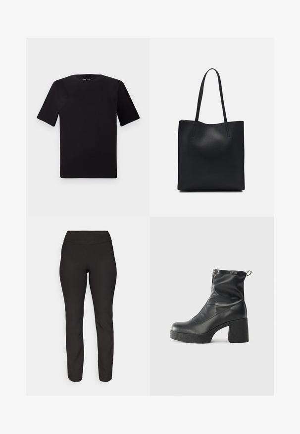 Crna majica kratkih rukava s okruglim izrezom, izrađena od mekane pamučne tkanine. Jednostavan dizajn, bez vidljivih logotipa ili uzoraka.; Crne uske hlače od rastezljivog materijala. Imaju visoki struk i ravni kroj, s glatkom teksturom i bez vidljivih uzoraka.; Crne gležnjače od glatke kože, s bočnim zatvaračem, debelim teksturiranim potplatom i dizajnom s zaobljenim prstima.; Crna kožna torba za nošenje s glatkom teksturom, pravokutnim oblikom i dvije duge ručke. Nema vidljivih metalnih dijelova ili ukrasa.