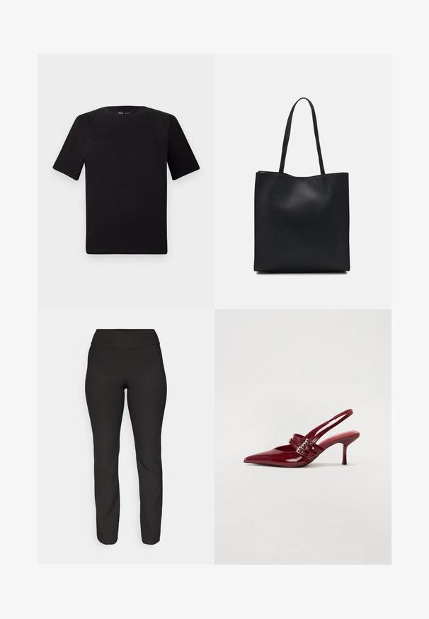 Must olema lühikeste varrukatega must t-särk ümmarguse kaelusega, valmistatud pehmest puuvillast kangast. Lihtne disain, ilma nähtavate logode või mustriteta.; Mustad must-adaptivsed püksid, mis on valmistatud venivast materjalist. Neil on kõrge vöökoht ja sirge jala disain, sile tekstuur ja nähtamatud mustrid.; Punased lakknahast slingback kontsad, millel on terav varvas, kaks luku rihma ja saledat, keskmise kõrgusega stiletto kontsad. Sile tekstuur.; Mustast nahast kott sujuva tekstuuriga, ristkülikukujuline ja kahe pika sangaga. Pole nähtavat riistvara ega kaunistusi.