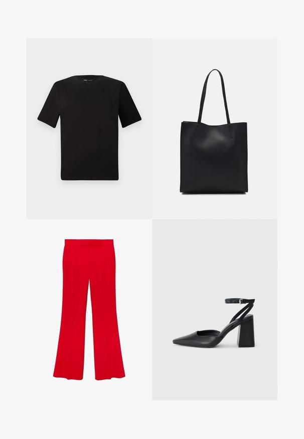 Black short-sleeve t-shirt with a round neckline, crafted from soft cotton fabric. Simple design, no visible logos or patterns.; Red flared trousers made from a smooth fabric with a high waistband and two front pockets. The design features clean lines and a tailored fit.; Black leather pointy-toe pump with an ankle strap and a chunky heel. Flat texture, sleek design, and minimalistic aesthetics.; Black leather tote bag with smooth texture, rectangular shape, and two long handles. No visible hardware or embellishments.