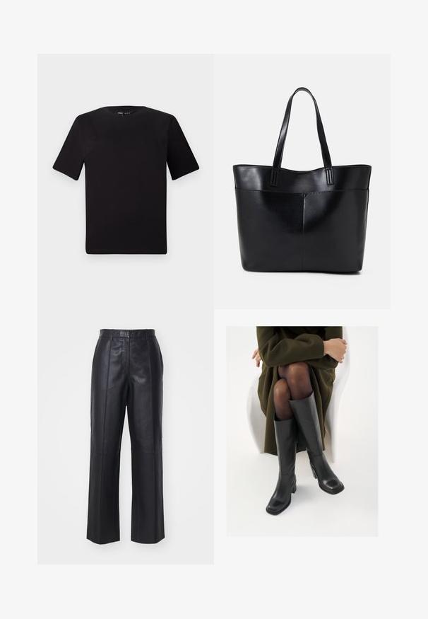 Zwarte T-shirt met korte mouwen en een ronde hals, gemaakt van zachte katoenstof. Eenvoudig ontwerp, geen zichtbare logo's of patronen.; Zwarte leren broeken met een hoge taille, wijde pasvorm en verticale naaddetails. Vlotte textuur met een gepolijste afwerking.; Knieschijf hoge zwarte leren laarzen met een vierkante neus en blokhak, getoond met een model dat zit in een olijfgroene jas. Gladde textuur, minimale details.; Zwarte leren tote bag met twee lange handvatten, een zachte textuur en een gestructureerde vorm. Voorzien van een voorvak voor extra opslagruimte.