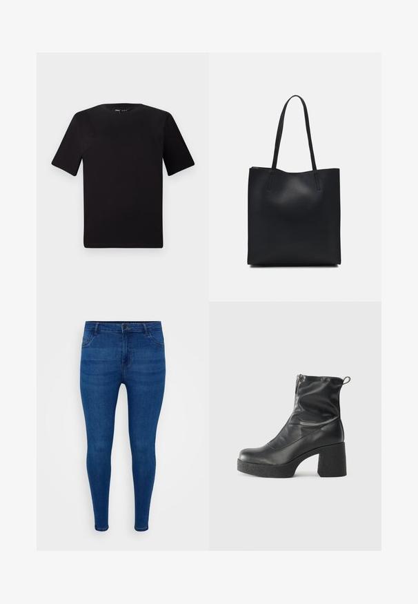 Fekete, rövid ujjú póló, kerek nyakkal, puha pamutból készült. Egyszerű dizájn, nincs látható logó vagy minta.; Sötétkék denim anyagból készült skinny farmernadrág. Jellemzői a testhezálló szabás, az öt zsebes kialakítás és a finom elhalványulás az elülső felületen.; Fekete bokacsizmák sima bőrből, oldalsó cipzárral, vastag, texturált sarkú és lekerekített orrú dizájnnal.; Fekete bőrtáska sima felszínnel, téglalap alakú, két hosszú füllel. Nincs látható fémkiegészítő vagy díszítés.