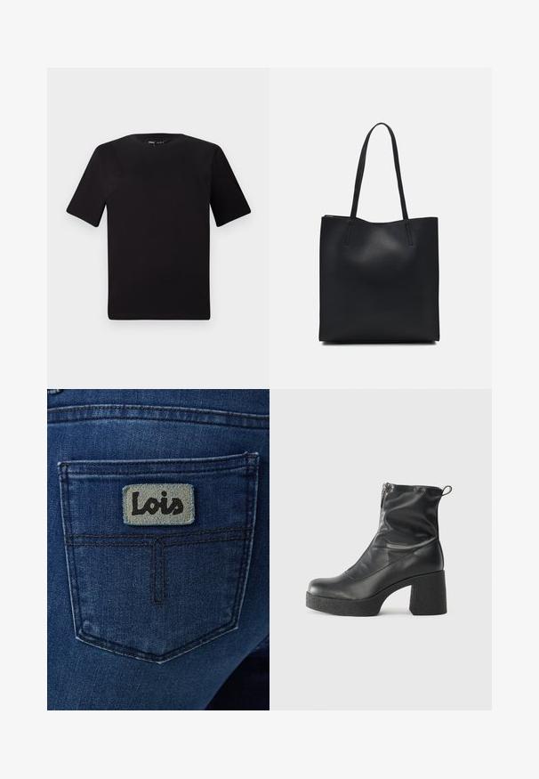 Musta lyhythihainen t-paita pyöreällä kaula-aukolla, valmistettu pehmeästä puuvillakankaasta. Yksinkertainen malli, ei näkyviä logoja tai kuvioita.; Tummansiniset farkut, joissa on takatasku ja siinä vaaleansininen neliönmuotoinen merkki, jossa lukee mustalla kursiivikirjaimilla "Lois".; Mustat nilkkurit, jotka on valmistettu sileästä nahasta. Niissä on sivuvetoketju, paksu teksturoitu korko ja pyöristetty kärki.; Mustapahkainen kangaskassi, jossa on sileä pinta, suorakaiteen muotoinen ja kaksi pitkää kahvaa. Ei näkyvää metalliosaa tai koristeita.