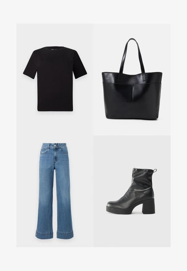 T-shirt preta de mangas curtas com decote redondo, feita de tecido de algodão suave. Design simples, sem logótipos ou padrões visíveis.; Pantalones de ganga de cintura alta, em azul claro, com pernas largas, apresentando tachas decorativas ao longo da cinta e uma bainha com um discreto detalhe de costura.; Botas de tornozelo pretas feitas de couro liso, com fecho lateral, salto grosso texturizado e design de bico arredondado.; Bolsa tote preta em couro com duas alças longas, textura suave e forma estruturada. Apresenta um bolso frontal para armazenamento adicional.