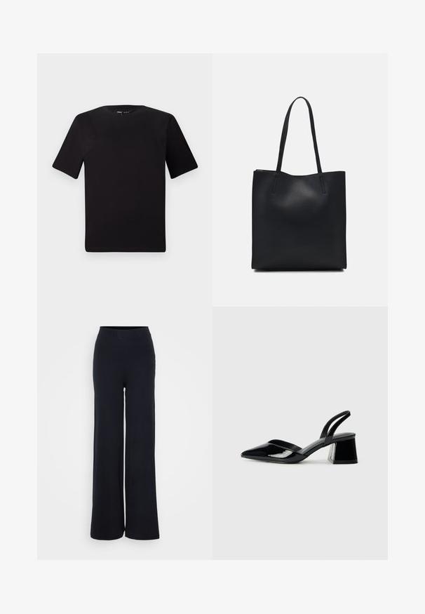 Tricou scurt negru cu mânecă scurtă și guler rotund, realizat dintr-un material de bumbac moale. Design simplu, fără logo-uri sau modele vizibile.; Pantaloni negri cu talie largă, textură ribbed și talie elastică, având un croi lejer și fără accesorii vizibile.; Pantofi cu toc slingback din piele lacuită neagră, cu vârf ascuțit și toc geometric. Prezintă un design elegant, minimalist și o textură netedă.; Geantă tote neagră din piele, cu textură netedă, formă rectangulară și două mânere lungi. Fără hardware vizibil sau ornamente.