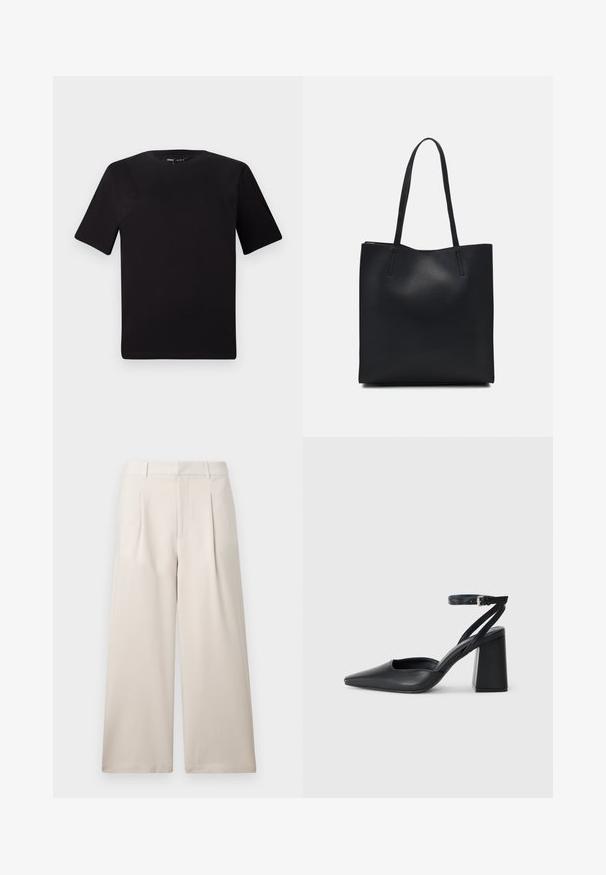 Zwarte T-shirt met korte mouwen en een ronde hals, gemaakt van zachte katoenstof. Eenvoudig ontwerp, geen zichtbare logo's of patronen.; ONLY ONLLANDO PLEAT CULOTTE PANT - Broek - pumice stone; Zwarte leren puntige pump met een enkelbandje en een chunky hak. Vlakke textuur, strakke vormgeving en minimalistische esthetiek.; Zwarte leren handtas met een gladde textuur, rechthoekige vorm en twee lange handvaten. Geen zichtbare hardware of versieringen.