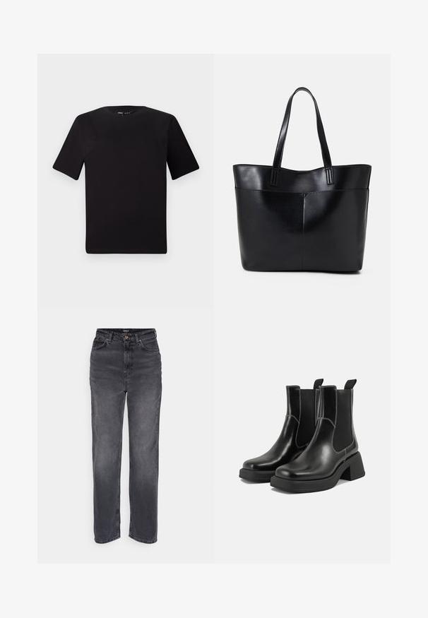 Black short-sleeve t-shirt with a round neckline, crafted from soft cotton fabric. Simple design, no visible logos or patterns.; High-waisted, straight-leg jeans in dark gray denim. Features a button closure and classic five-pocket design with subtle fading.; Black leather Chelsea boots with a chunky heel, elastic side panels, and contrasting white stitching. Textured finish.; Black leather tote bag with two long handles, a smooth texture, and a structured shape. Features a front pocket for additional storage.