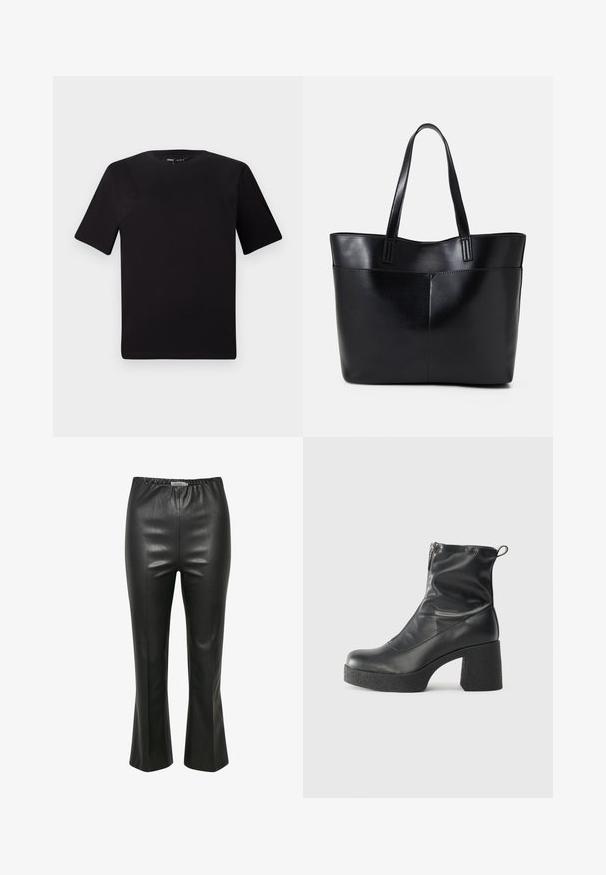 Sort kortærmet t-shirt med rund halsudskæring, lavet af blødt bomuldsstof. Enkel design, ingen synlige logoer eller mønstre.; Sorte faux læderbukser med en glat tekstur, elastisk talje og vide ben, der har lodrette sømdetaljer.; Sorte ankelstøvler lavet af glat læder, med en sidelukning, kraftig struktureret hæl og rundt tådesign.; Sort læder tote taske med to lange håndtag, en glat tekstur og en struktureret form. Har en forlommem for ekstra opbevaring.