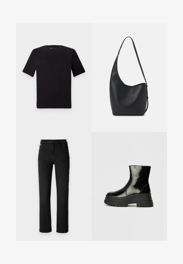Black short-sleeve t-shirt with a round neckline, crafted from soft cotton fabric. Simple design, no visible logos or patterns.; Black denim jeans with a straight leg design, high waist, and classic five-pocket styling. Made from a sturdy, textured fabric.; Black glossy ankle boot with thick lug sole and rounded toe, side view on plain light gray background.; Black leather hobo bag with a smooth texture, curved shape, and single adjustable strap; features a wide opening at the top.