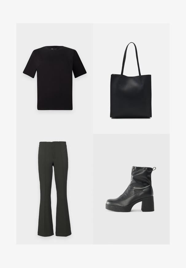T-shirt nera a maniche corte con scollatura rotonda, realizzata in morbido cotone. Design semplice, senza loghi o motivi visibili.; Pantaloni svasati verde scuro con texture a coste, vita alta e dettagli di cucitura frontale. Progettati per una silhouette aderente.; Stivali neri alla caviglia in pelle liscia, con zip laterale, tacco spesso e texture, e punta arrotondata.; Borsa tote in pelle nera con texture liscia, forma rettangolare e due manici lunghi. Nessun hardware o decorazione visibile.