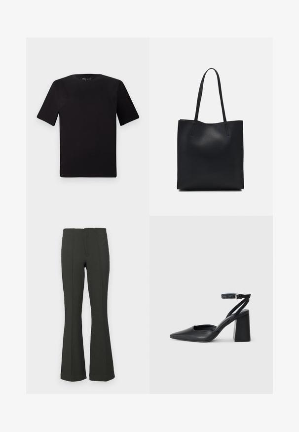 Black short-sleeve t-shirt with a round neckline, crafted from soft cotton fabric. Simple design, no visible logos or patterns.; Dark green flared pants featuring a ribbed texture, high waist, and front seam detailing. Designed for a fitted silhouette.; Black leather pointy-toe pump with an ankle strap and a chunky heel. Flat texture, sleek design, and minimalistic aesthetics.; Black leather tote bag with smooth texture, rectangular shape, and two long handles. No visible hardware or embellishments.