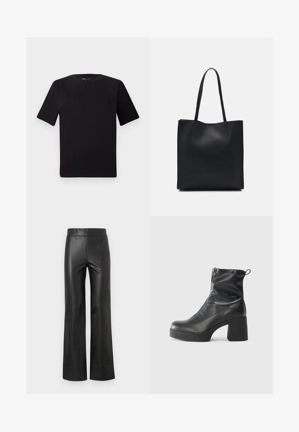 Must olema lühikeste varrukatega must t-särk ümmarguse kaelusega, valmistatud pehmest puuvillast kangast. Lihtne disain, ilma nähtavate logode või mustriteta.; Mustad musta faux nahast laienev püks, millel on sile tekstuur, kõrge püksivööline ja nähtamatud kinnitusdetailid või kaunistused. Sirge lõikega jalgade disain.; Mustad mustad ansapüksid, mis on valmistatud siledast nahast, külje zipperiga, paksu tekstuuriga kontsaga ja ümmarguse nina disainiga.; Mustast nahast kott sujuva tekstuuriga, ristkülikukujuline ja kahe pika sangaga. Pole nähtavat riistvara ega kaunistusi.