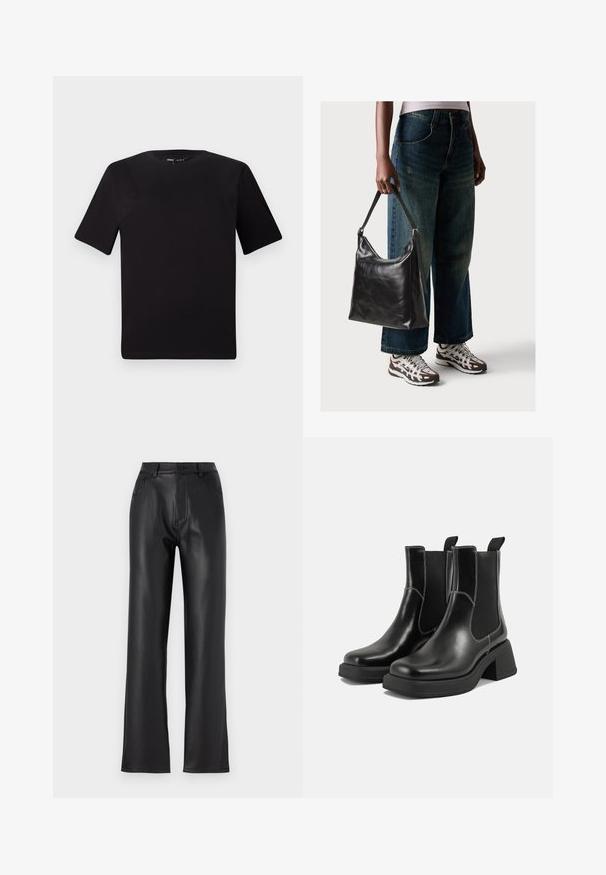 Melnas īsām piedurknēm T-krekls ar apaļu kakla izgriezumu, izgatavots no mīksta kokvilnas auduma. Vienkāršs dizains, bez redzamām logo vai rakstiem.; Melnas mākslīgās ādas bikses ar taisnu kāju dizainu, kurās ir priekšējās kabatas, rāvējslēdzēja aizdare un pogas aizdare. Gluda tekstūra.; Melni ādas Čelsijas zābaki ar masīvu papēdi, elastīgām sānu panelēm un kontrastējošu balto šuvumu. Teksturēts apdare.; Melna ādas pleca soma ar gludu tekstūru un regulējamu siksnu, saskaņota ar izbalējušām platām biksēm un sportiskām kedām.