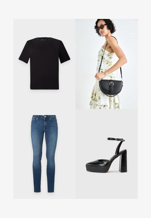 Camiseta negra de manga corta con cuello redondo, fabricada en suave algodón. Diseño simple, sin logos ni patrones visibles.; Jeans ajustados en denim azul oscuro, con cinco bolsillos, un botón frontal y cremallera. La tela tiene una textura suave con un ligero desgastado.; Zapatos de tacón negro con punta afilada y correa ajustable en el tobillo. Confeccionados en cuero suave, presentan un tacón grueso.; Bolso de piel negra con forma curva, correa desmontable y herrajes dorados. El bolso cuenta con una solapa con un detalle de hebilla.