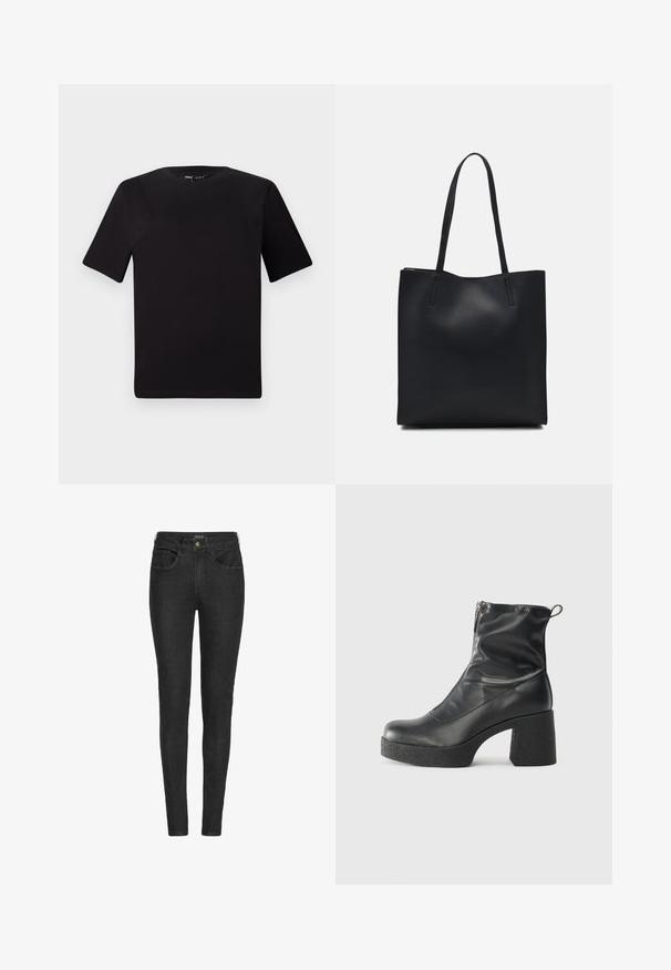 Tricou scurt negru cu mânecă scurtă și guler rotund, realizat dintr-un material de bumbac moale. Design simplu, fără logo-uri sau modele vizibile.; Jeanși negri skinny cu buzunare frontale și posterioare, închidere cu nasture, bucle pentru curea și etichetă branduită pe talie.; Bocanci negri de glezna din piele netedă, cu fermoar lateral, toc texturat și masiv, și design cu vârf rotund.; Geantă tote neagră din piele, cu textură netedă, formă rectangulară și două mânere lungi. Fără hardware vizibil sau ornamente.