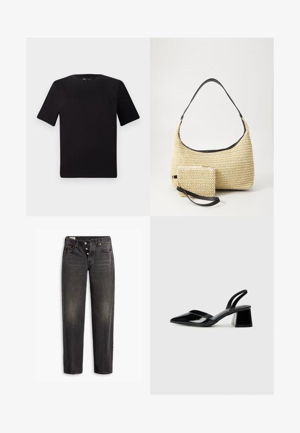 Must olema lühikeste varrukatega must t-särk ümmarguse kaelusega, valmistatud pehmest puuvillast kangast. Lihtne disain, ilma nähtavate logode või mustriteta.; Mustad denimist reid, mis on sirge lõikega, nupuvajutusega, viie taskuga ning kerge pleekimisega, andes veidi kulunud välimuse.; Mustad musta lakknahk kingad, millel on terav varvas ja geomeetriline plokkkonts. Omab elegantselt minimalistlikku disaini ja sujuvat tekstuuri.; Kootud õlekott, millel on kõver siluett, ja sile must nahkrihm ning sobiv väike kott, mis on kinnitatud randme rihmaga.