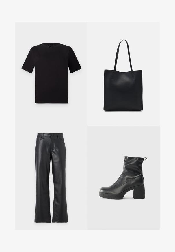 T-shirt noir à manches courtes avec un col rond, fabriqué en coton doux. Design simple, sans logos ni motifs visibles.; Pantalon en cuir noir avec un design évasé, doté de poches avant, passants de ceinture et d'une fermeture à bouton. Texture lisse avec des coutures visibles.; Bottes noires à la cheville en cuir lisse, dotées d'une fermeture éclair sur le côté, d'un talon épais texturé et d'une conception à bout rond.; Sac fourre-tout en cuir noir avec une texture lisse, de forme rectangulaire et deux longues poignées. Pas de matériel ou d'ornementations visibles.