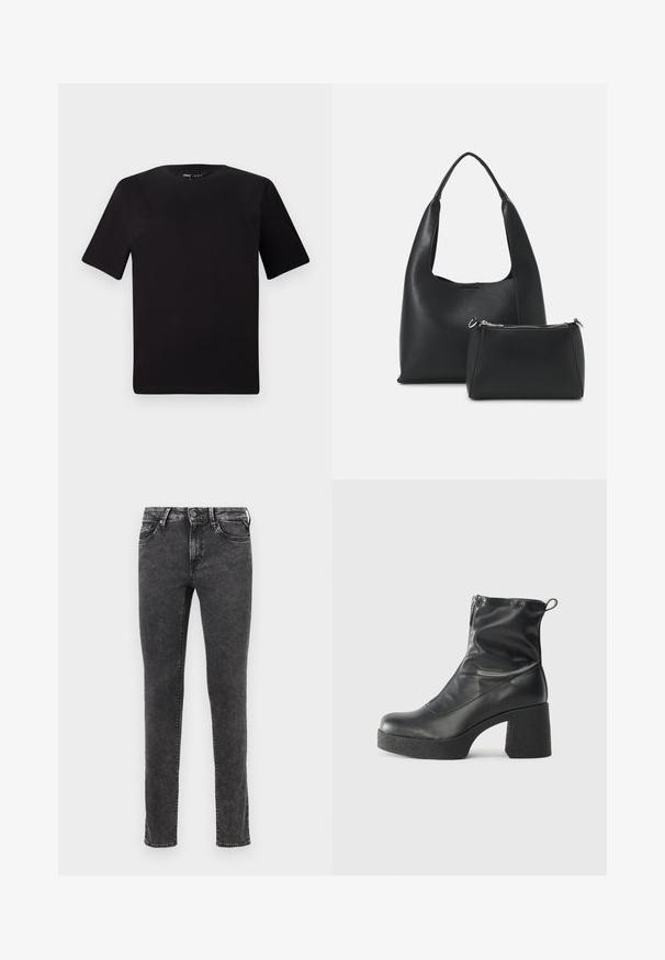 Camiseta negra de manga corta con cuello redondo, fabricada en suave algodón. Diseño simple, sin logos ni patrones visibles.; Vaqueros de denim negro con un corte ajustado, diseño de cinco bolsillos y cierre de botón metálico. Presentan una textura desgastada y un leve desvanecido.; Botines negros de tobillo, hechos de cuero suave, con cierre lateral, tacón grueso texturizado y diseño de punta redondeada.; Even&Odd Bolso de mano - black