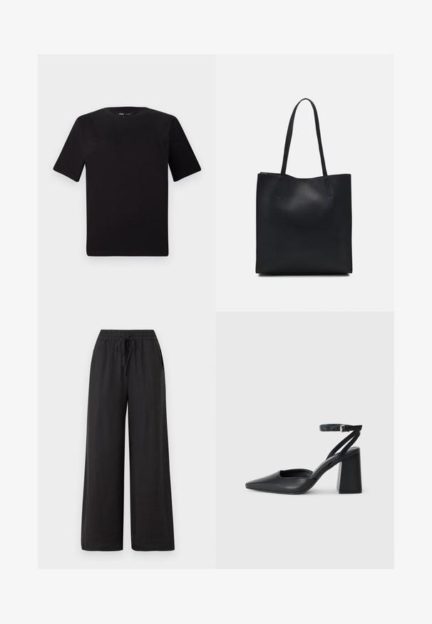 T-shirt noir à manches courtes avec un col rond, fabriqué en coton doux. Design simple, sans logos ni motifs visibles.; Pantalons larges noirs en matériau doux et léger. Dotés d'une taille élastique avec un cordon de serrage et de poches latérales.; Escarpin noir en cuir à bout pointu avec une bride de cheville et un talon épais. Texture lisse, design élégant et esthétique minimaliste.; Sac fourre-tout en cuir noir avec une texture lisse, de forme rectangulaire et deux longues poignées. Pas de matériel ou d'ornementations visibles.