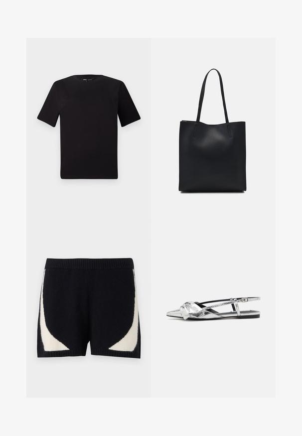 Schwarzes T-Shirt mit kurzen Ärmeln und Rundhalsausschnitt, aus weichem Baumwollmaterial gefertigt. Schlichtes Design, keine sichtbaren Logos oder Muster.; Strickshorts in Schwarz mit kontrastierenden cremefarbenen geometrischen Mustern an den Seiten. Sie verfügen über einen gerippten Bund und eine weiche Textur.; Silberne metallische Slingback-Ballerinas mit spitzer Zehe, die ein Knotendetail an der Vorderseite und einen verstellbaren Riemen für einen sicheren Sitz aufweisen.; Schwarze Laptoptasche aus Leder mit glatter Textur, rechteckiger Form und zwei langen Griffen. Keine sichtbaren Beschläge oder Verzierungen.