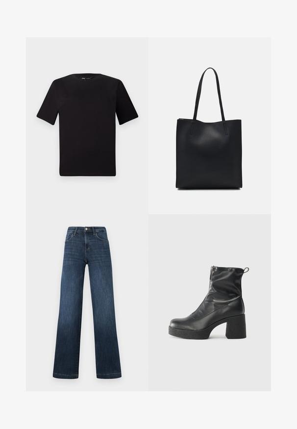 Svart t-skjorte med korte ermer og rund hals, laget av mykt bomullsstoff. Enkelt design, ingen synlige logoer eller mønstre.; Mørkeblå denimjeans med bred benstil, med fem lommer og frontknaplukning. Glat tekstur og klassiske stikningsdetaljer.; Svarte ankelstøvler laget av glatt lær, med glidelås på siden, chunky strukturert hæl, og rund tå-design.; Svart lær tote bag med glatt tekstur, rektangulær form og to lange håndtak. Ingen synlige deler eller dekorasjoner.