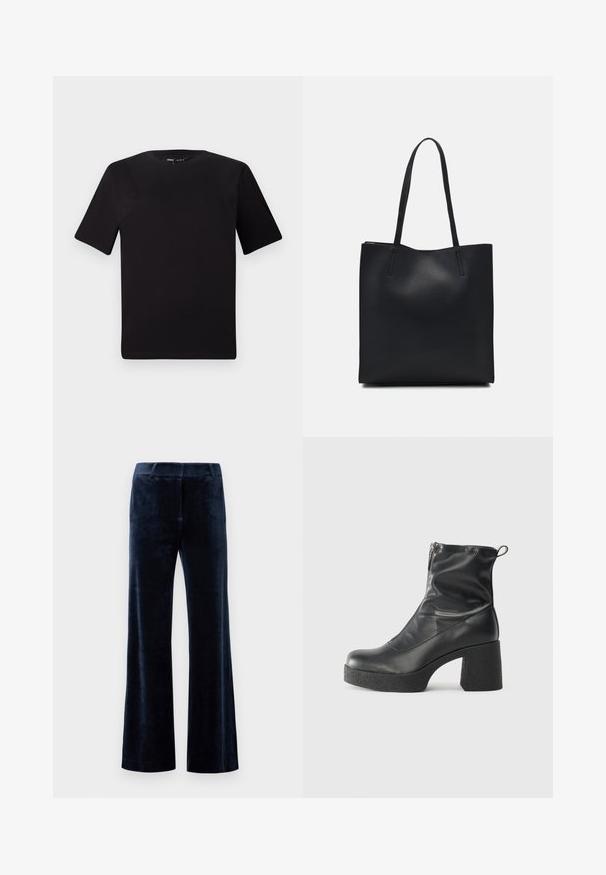 Svart t-skjorte med korte ermer og rund hals, laget av mykt bomullsstoff. Enkelt design, ingen synlige logoer eller mønstre.; Mørkeblå, utsvingte bukser laget av myk fløyel. Har en glatt tekstur, skreddersydd midjebånd og rene kantene. Ingen synlige detaljer eller mønstre.; Svarte ankelstøvler laget av glatt lær, med glidelås på siden, chunky strukturert hæl, og rund tå-design.; Svart lær tote bag med glatt tekstur, rektangulær form og to lange håndtak. Ingen synlige deler eller dekorasjoner.