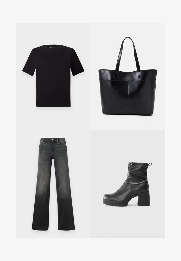Čierne tričko s krátkym rukávom a okrúhlym výstrihom, vyrobené z mäkkej bavlny. Jednoduchý dizajn, bez viditeľných log alebo vzorov.; Čierne široké džínsy v bledom denime, s prednými vreckami, zapínaním na gombík a jemným prešívaním pozdĺž švov.; Čierne členkové topánky z hladkej kože, so bočným zipsom, robustnou textúrovanou pätnou časťou a zaobleným dizajnom špičky.; Čierna kožená tote taška s dvoma dlhými rúčkami, hladkým povrchom a štruktúrovaným tvarom. Obsahuje prednú kapsu pre dodatočné uskladnenie.