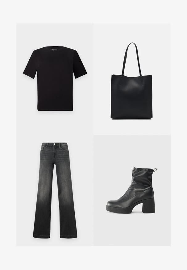 T-shirt noir à manches courtes avec un col rond, fabriqué en coton doux. Design simple, sans logos ni motifs visibles.; Jeans noirs à jambes larges en denim délavé, avec des poches avant, une fermeture à bouton et des détails de couture subtils le long des coutures.; Bottes noires à la cheville en cuir lisse, dotées d'une fermeture éclair sur le côté, d'un talon épais texturé et d'une conception à bout rond.; Sac fourre-tout en cuir noir avec une texture lisse, de forme rectangulaire et deux longues poignées. Pas de matériel ou d'ornementations visibles.