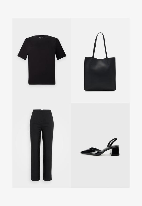 Črna majica s kratkimi rokavi in okroglim izrezom, izdelana iz mehkega bombažnega materiala. Preprost dizajn, brez vidnih logotipov ali vzorcev.; Črne hlače s ravnim krojem, z nabrano sprednjo stranjo in gladko teksturo tkanine. Imajo visok pas in brez vidnih žepov.; Črne lakirane slingback pete s koničastim nosom in geometrijsko blokasto peto. Imajo eleganten, minimalističen dizajn in gladko teksturo.; Črna usnjena torba s svilnato teksturo, pravokotne oblike in dvema dolgima ročajema. Brez vidnih metalnih delov ali okrasnih elementov.