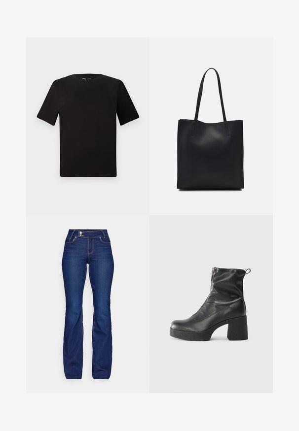 Svart t-skjorte med korte ermer og rund hals, laget av mykt bomullsstoff. Enkelt design, ingen synlige logoer eller mønstre.; Mørkeblå denimjeans med høy midje, rett passform, frontlommer og knappelukking. Glatt tekstur med subtile sømdetaljer.; Svarte ankelstøvler laget av glatt lær, med glidelås på siden, chunky strukturert hæl, og rund tå-design.; Svart lær tote bag med glatt tekstur, rektangulær form og to lange håndtak. Ingen synlige deler eller dekorasjoner.