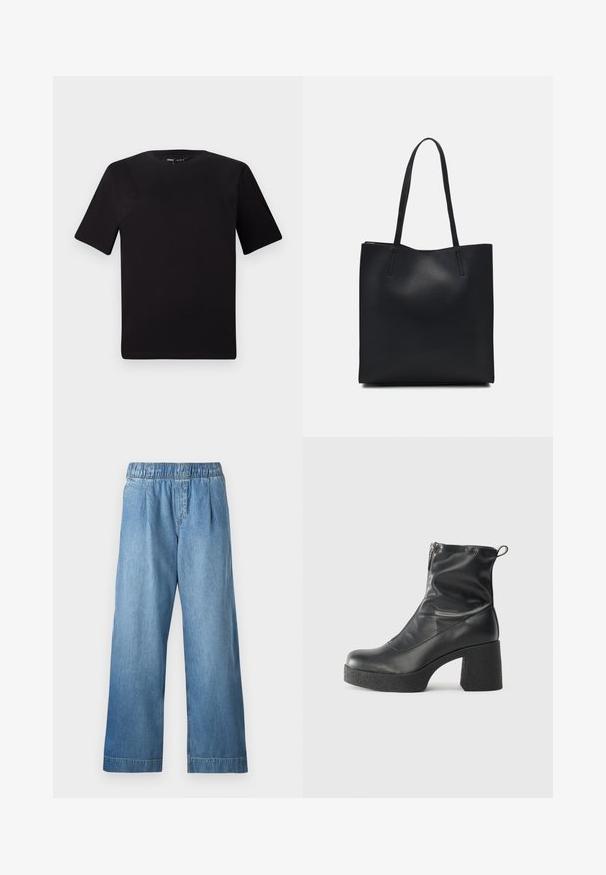 Μαύρο κοντομάνικο μπλουζάκι με στρογγυλή λαιμόκοψη, κατασκευασμένο από απαλό βαμβακερό ύφασμα. Απλός σχεδιασμός, χωρίς ορατά λογότυπα ή μοτίβα.; Ανοιχτό μπλε τζιν παντελόνι με ελαστική μέση, φαρδιά γραμμή και διακριτή υφή. Δεν διαθέτει ορατές τσέπες ή διακοσμήσεις.; Μαύρες μποτές μέχρι τον αστράγαλο από λείο δέρμα, με πλευρικό φερμουάρ, χοντρό υφασμάτινο τακούνι και στρογγυλή μύτη.; Μαύρη δερμάτινη τσάντα tote με λείο υφή, ορθογώνιο σχήμα και δύο μακριές λαβές. Χωρίς ορατό υλικό ή διακοσμητικά στοιχεία.