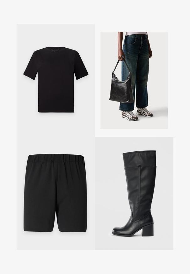 T-shirt preta de mangas curtas com decote redondo, feita de tecido de algodão suave. Design simples, sem logótipos ou padrões visíveis.; Calções desportivos pretos com cintura elástica, apresentando uma textura suave e um corte solto para conforto e facilidade de movimento.; Botas de couro pretas até ao joelho, com salto bloco, textura suave e detalhe de costura nas laterais. Design simples e moderno.; Bolsa de ombro em couro preto com textura suave e alça ajustável, combinada com jeans de perna larga desbotados e ténis desportivos.
