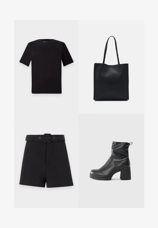 T-shirt preta de mangas curtas com decote redondo, feita de tecido de algodão suave. Design simples, sem logótipos ou padrões visíveis.; Calções pretos feitos de um tecido suave, com um cós largo com passantes para cinto e um fecho de fivela quadrada, projetados com um corte ajustado.; Botas de tornozelo pretas feitas de couro liso, com fecho lateral, salto grosso texturizado e design de bico arredondado.; Bolsa tote preta em couro com textura lisa, forma retangular e duas alças longas. Sem hardware ou enfeites visíveis.